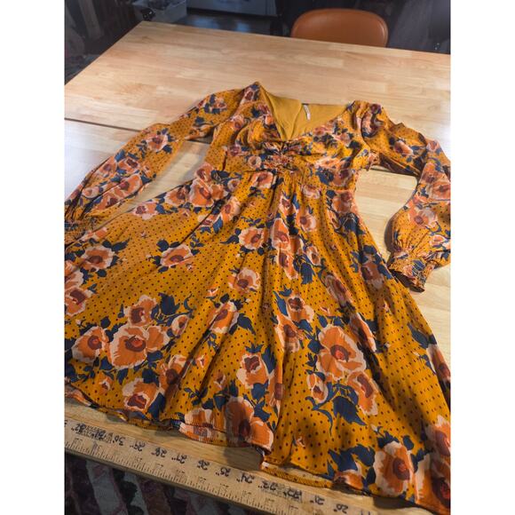 Free People Mustard Yellow Floral Long Sleeve Knee Length Dress Size 4 Elastic - Picture 2 of 15
